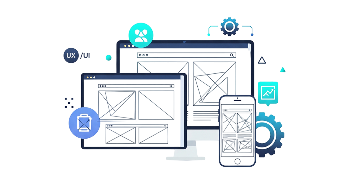 O imagine minimalistă și modernă care ilustrează procesul de web design, cu elemente grafice precum wireframe-uri, palete de culori și pictograme responsive.