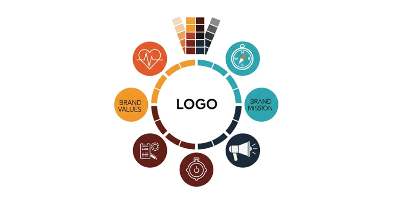 O imagine conceptuală care ilustrează elementele cheie ale unei identități de brand: un logo stilizat în centru, înconjurat de iconițe reprezentând valori, misiune, voce și elemente vizuale.