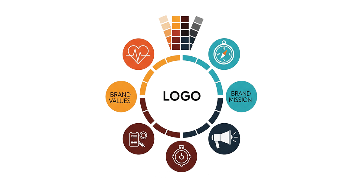 O imagine conceptuală care ilustrează elementele cheie ale unei identități de brand: un logo stilizat în centru, înconjurat de iconițe reprezentând valori, misiune, voce și elemente vizuale.