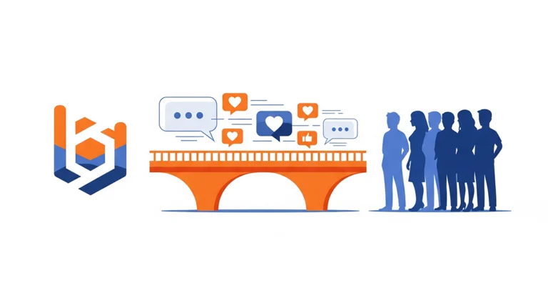 O imagine simbolică pentru comunicare eficientă în marketing, ilustrând o punte între un brand (reprezentat de un logo) și o audiență (reprezentată de un grup de oameni), cu mesaje clare care traversează puntea.