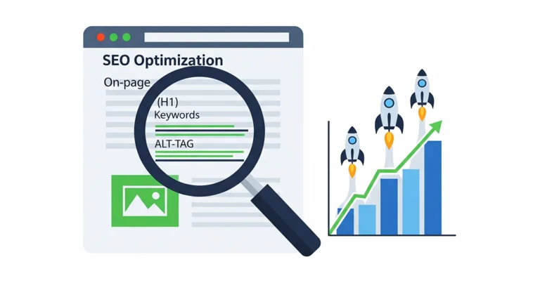 O imagine grafică ce ilustrează conceptul de optimizare SEO, cu o lupă care analizează elementele unei pagini web (titluri, text, imagini) și rachete care decolează, simbolizând creșterea în clasamentul Google.